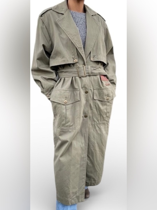 Vintage Jackets & Blazers - Vintage Olive Green Trench Coat UNISEX 💯 Leather Trim ON-TREND Oversized Luxe